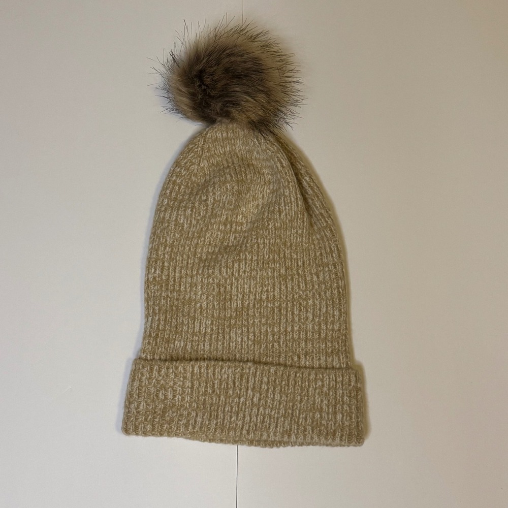 Garage | Beanie Hat | Tan | Knit Faux Fur Pom Pom | One Size
